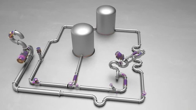 Abstract pipe structure.There are lots of pipes, pumps, compressors, gears, pulleys, blades, valves, hydraulic and servo drives and other elements.