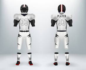 3D realistic of font and back of black and white American rugby football jersey uniforms sets. Concept for American football apparel mock up for collage championships in vector illustration 