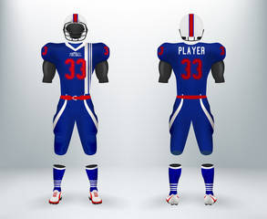 3D realistic of font and back of blue and white American rugby football jersey uniforms sets. Concept for  American football apparel mock up for collage championships in vector illustration 