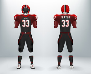 3D realistic of font and back of black and red American rugby football jersey uniforms sets. Concept for template of American football apparel mock up for collage championships in vector illustration 