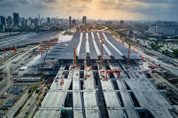 Aerial view of Bang Sue central station, the new railway hub transportation building under construction in Bangkok, Thailand.