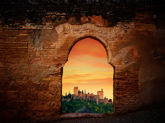 Alhambra sunset arch Granada illustration - obrazy, fototapety, plakaty