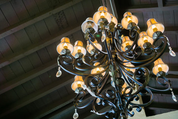 Looking up at a large chandelier