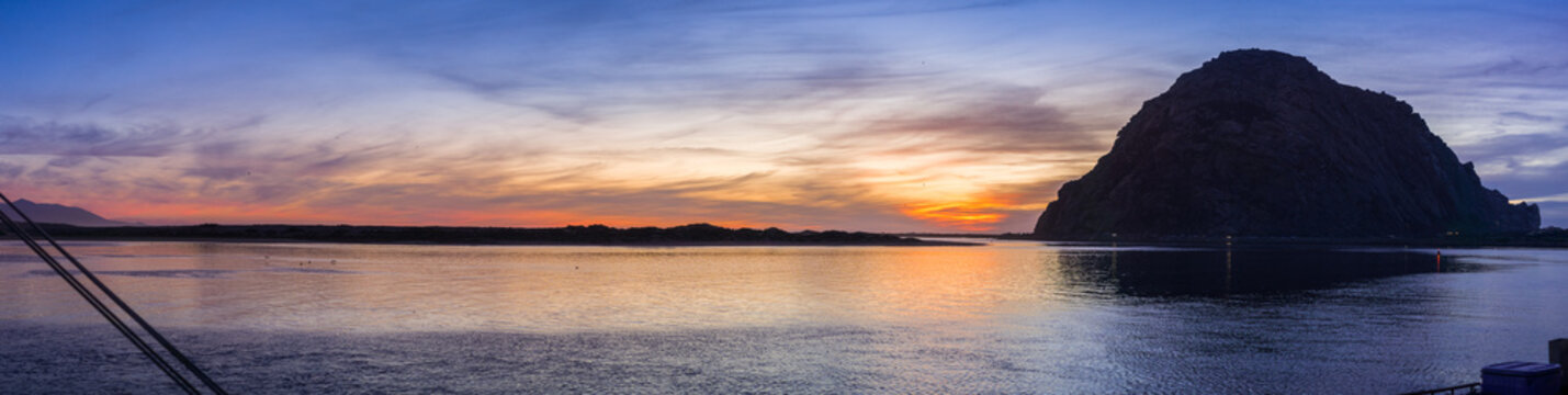 Panoramic view of Morro Rock at sunset, Morro bay, California