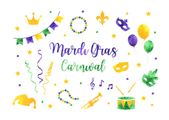 Mardi Gras traditional symbols collection whis carnival masks, party decorations. Watercolor silhouettes mardi gras elements for cards, banner. Vector illustration isolated on white background. - obrazy, fototapety, plakaty