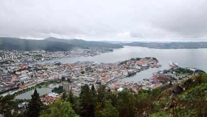 Aerial view of Bergen city from Mount Floyen, the  most known of the seven hills surrounding this Norwegian town. 