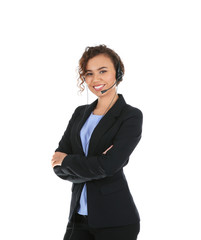African-American technical support operator with headset isolated on white