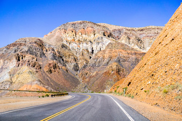 Fototapeta na wymiar Driving through the steep, rocky mountains of the Panamint Range, Death Valley National Park, California