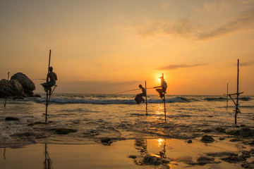 Silhouette photography of Fisherman under Orange Filled beautiful sunset in their fishing sticks at Koggala Beach Sri Lanka. 