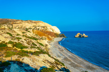 a small peninsula offering viewpoint over Petra tou Romiou alas Aphordite's rock on Cyprus
