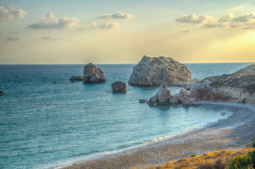 Sunset view over Petra tou Romiou alas Aphordite's rock on Cyprus