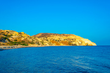 a small peninsula offering viewpoint over Petra tou Romiou alas Aphordite's rock on Cyprus