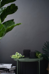 Isolated  black ceramic vase on green metal side table in artificial plants and stack books scene on gray painted wall background / object isolation / interior design scene