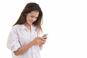 Beautiful asian woman smiling and using smartphone isolated on white background. Thai female happy...