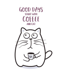 Funny fat cat with coffee mug for greeting card design t-shirt print or poster
