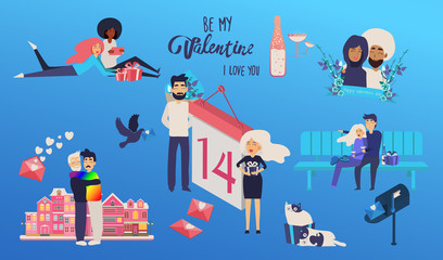  Valentines Day set, flat style. Love, romance and dating symbols collection, design element, object isolated. Heart, love letter, hearts, gift. Vector illustration, clip art, 14 february