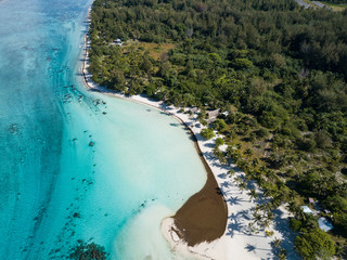 Luxury overwater villas with coconut palm trees, blue lagoon, white sandy beach at Bora Bora island, Tahiti, French Polynesia