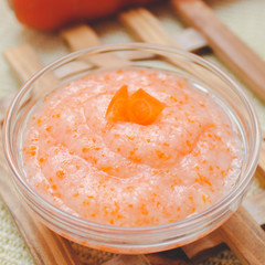 Baby food ( carrot ) close up onwooden background  table