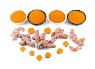 Turmeric roots and turmeric powder isolated on white background