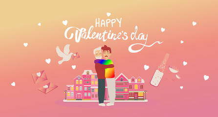Illustration of love and valentine day. Modern flat design isometric concept of 14 february,Top view of happy young couple, cute vector drawn card, gay LGBT