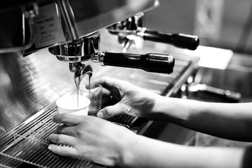 espresso shot from coffee machine in coffee shop, Coffee maker in coffee shop