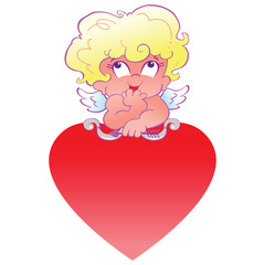 cute cupid resting on big red heart