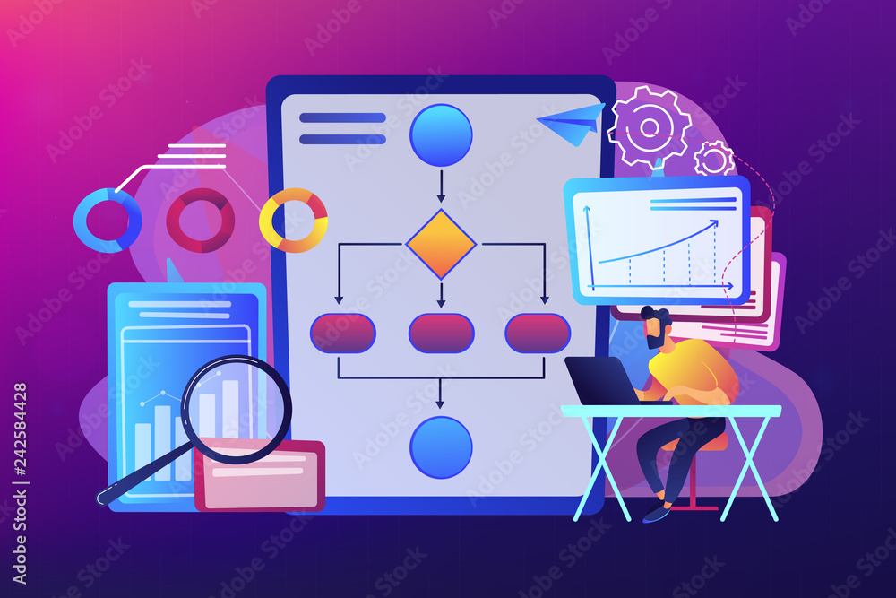 Aufkleber analyst working at laptop with automation process. business process automation, business process wor
