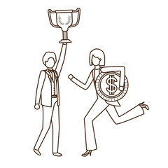 business couple with trophy and coin character