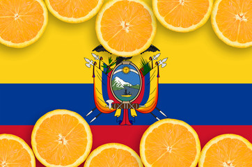 Ecuador flag  in citrus fruit slices horizontal frame