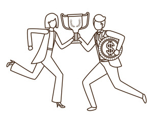 business couple with trophy and coin character
