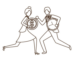 business couple with clock and dollar avatar character
