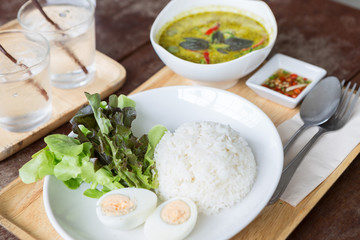 Rice in white plate and green curry