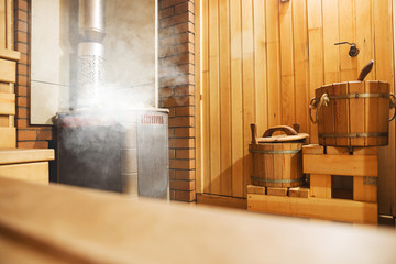 Interior of Finnish sauna, classic wooden sauna, Relax in hot sauna