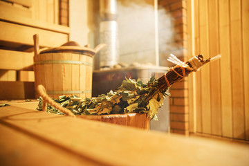 Interior of Finnish sauna, classic wooden sauna, Relax in hot sauna