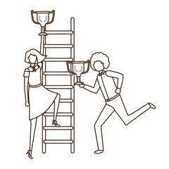 business couple with stair and trophy avatar character