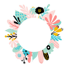 Floral frame with blue and pink leaves of tropical trees, abstract plants, leaves, flowers in pastel colors. For invitations,cards for wedding Day,Mother s Day,Birthday,Women s day.vector illustration