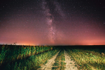 Night Starry Sky With Milky Way Glowing Stars And Country Road I