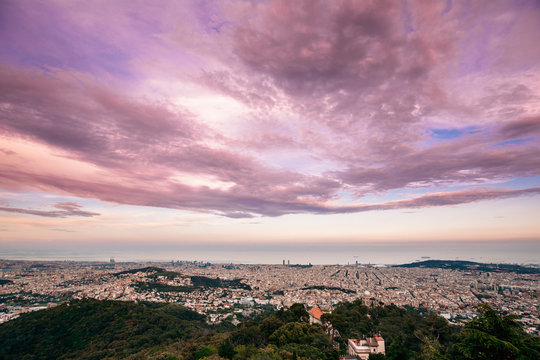 Barcelona, Spain. Evening Panorama Of City Cityscape From Mounta
