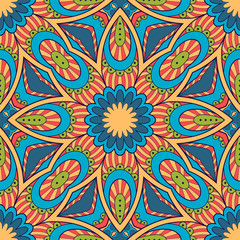 Decorative colorful ethnic seamless pattern for fabric or wrapping in oriental style. Hand drawn illustration