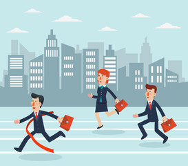 Business people running to finish line. Concept of business competition - Vector 