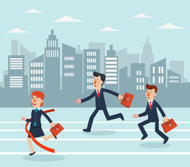 Business people running to finish line. Concept of business competition - Vector 