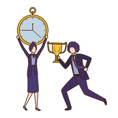 business couple with clock and trophy avatar character
