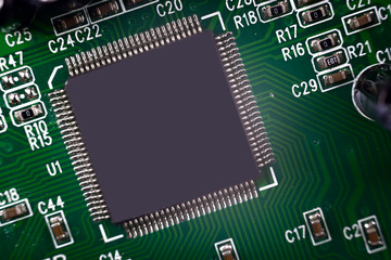 Close-up of Electronic chip in a computer circuit board.