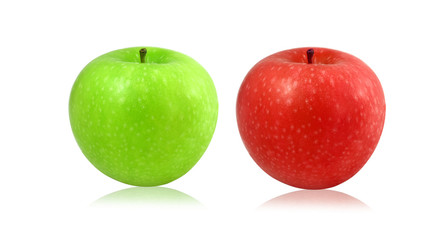 Green and red apple on white background