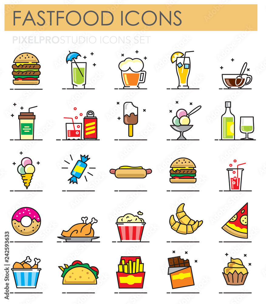 Poster fastfood color outline icons set on white background for graphic and web design, modern simple vecto