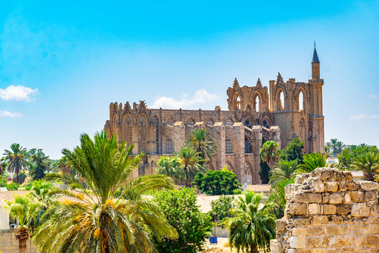 Aerial view of Old town of Famagusta with Lala Mustafa Pasa Mosque, Cyprus