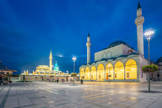 View of Selimiye Mosque and Mevlana Museum at night in Konya, Turkey