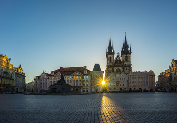 Fototapeta na wymiar Sunrise in Prague old town square with view of Tyn Church in Czech Republic
