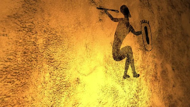 A single Cave Painting of  Warrior with dancing fire illumination on cavern wall V2