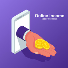 Hand is holding gold coins from a phone. Concept of earnings on internet, online income. Vector illustration flat design. Isolated on white background. Make money online.